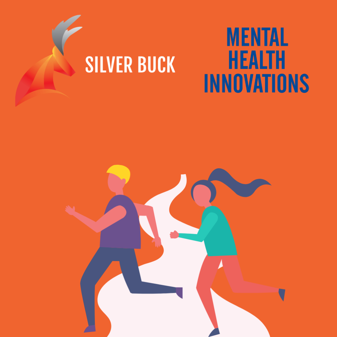 People running a marathon with silver buck and mental health innovations logos in background